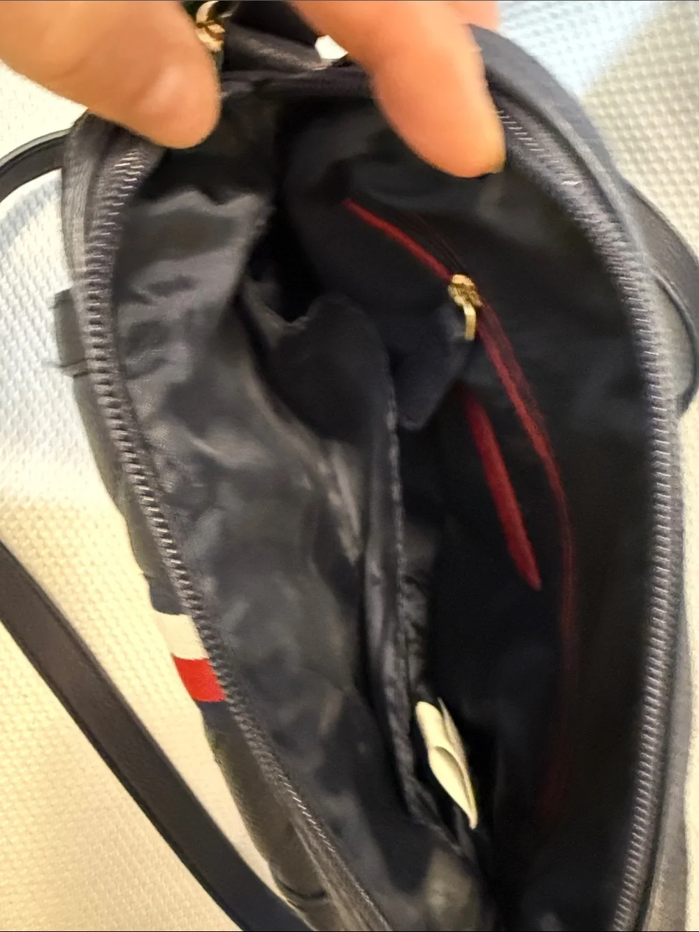 Tommy Hilfiger Navy Quilted Crossbody with Red and White Stripe Accent